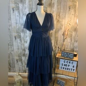 In the Loom navy blue, polka dot, mesh dress. Size S